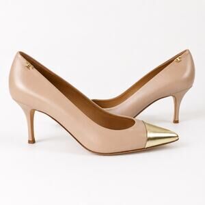 Tory Burch Leather Pumps Gold Cap Toe Nude Heels Size 9